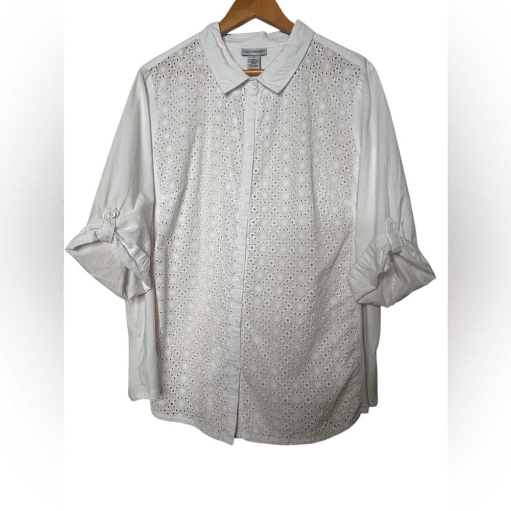 🩷Catherines Women’s Button up rolled sleeves eyelet top White 2x Peasant cotton